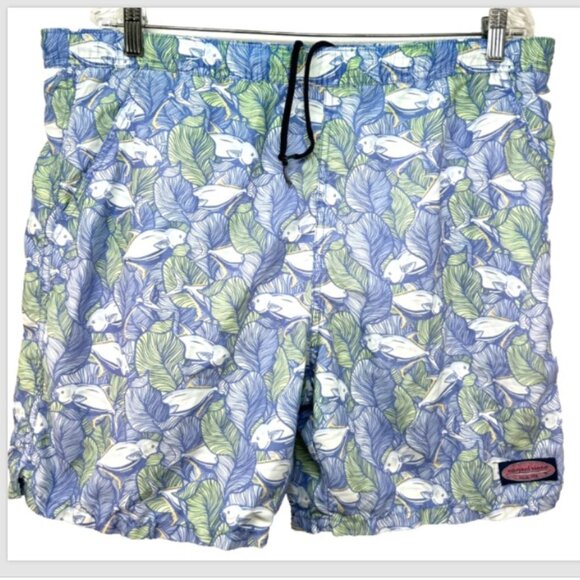 Vineyard Vines mens swim trunks medium blue green fish casual beach island - Picture 7 of 7